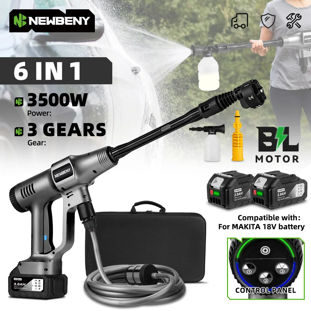 NEWBENY 3500W 200Bar Bürstenlose Hochdruck-Autowasserpistole Kabellose Elektrische Sprühpistole Gartenwerkzeug für Makita 18V Akku