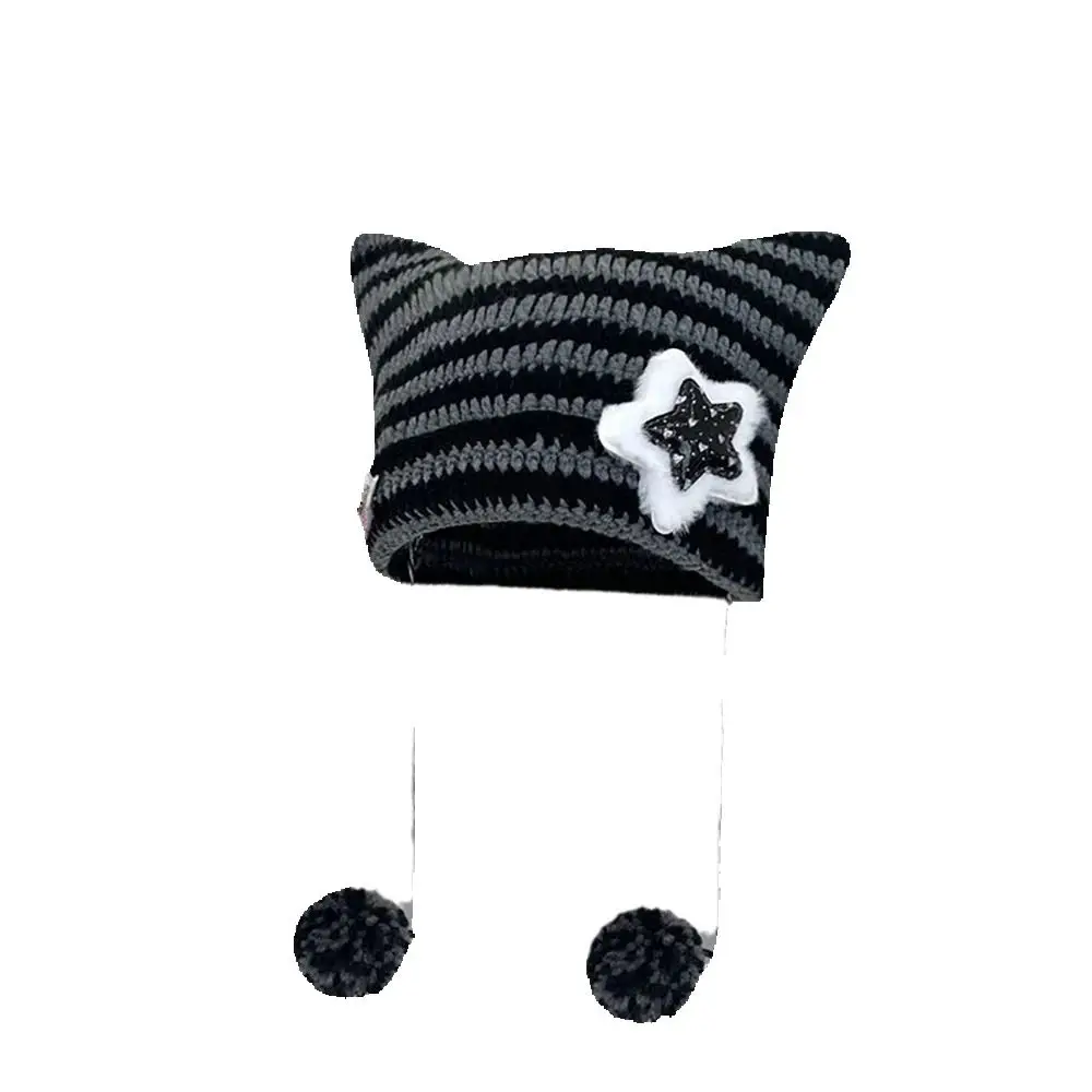 Y2K Beanie Hat Cute Striped Star Devil Hat Devil Ear Cat Ear Hat Knitted Wool Cap Autumn Winter Women's Hat Ear Pointed Pullover