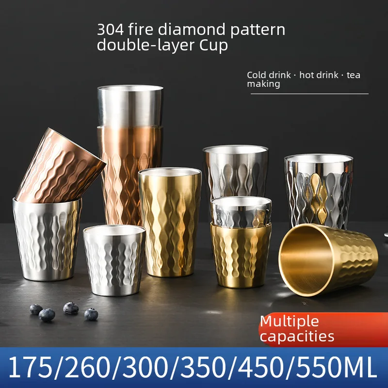 Cross-border Creative Korean Double-layer Mouth Cup Beer Cup logo Fire Diamond Pattern Coffee Cup 304 Stainless Steel Outdoor Wa