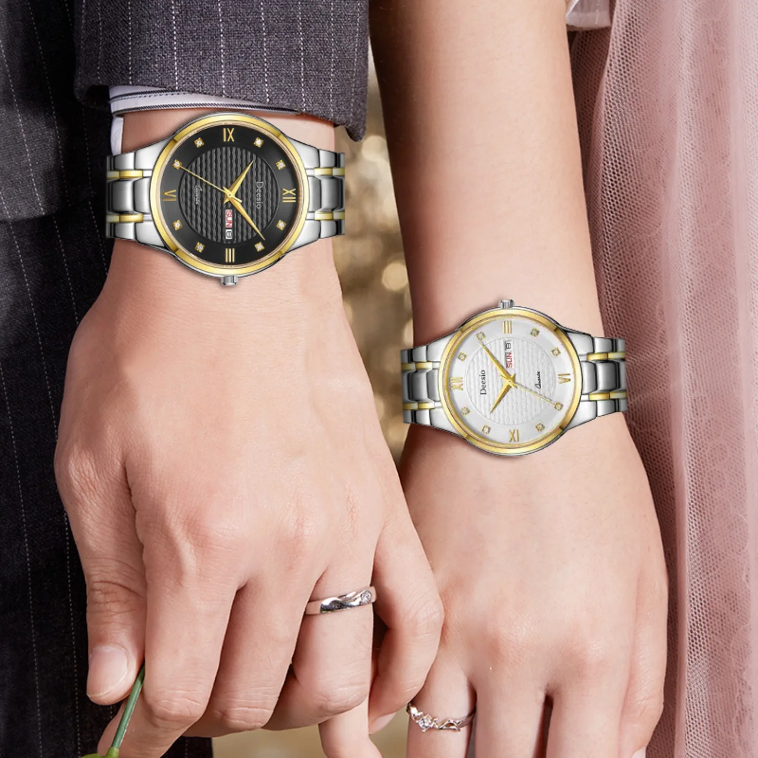 ساعة Deesio كاجوال عصرية للزوجين مصنوعة من مادة الفولاذ المقاوم للصدأ مقاومة للماء وعرض تقويم مزدوج هدايا للرجال والنساء