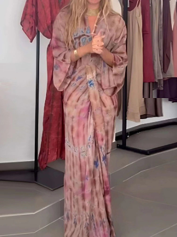 Batwing Sleeve Pleated Casual Women Long Dress Vintage Printed V-neck Bohemian Dress New Spring Summer High Waist Holiday Dress