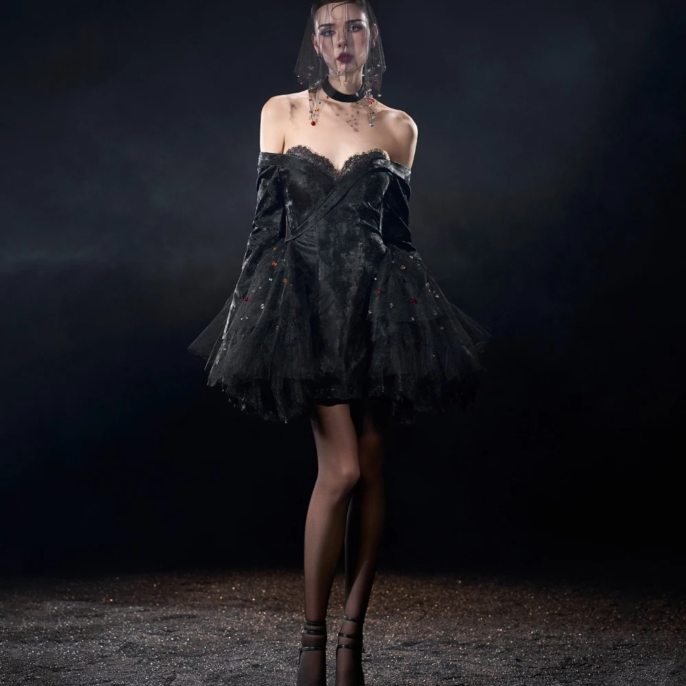 

Off‑Shoulder Black Mesh Mini Party Dress Puffy Tulle Ruffles Crystals Prom Gowns Chic Lace Edge Tulle Formal Brithday Dresses