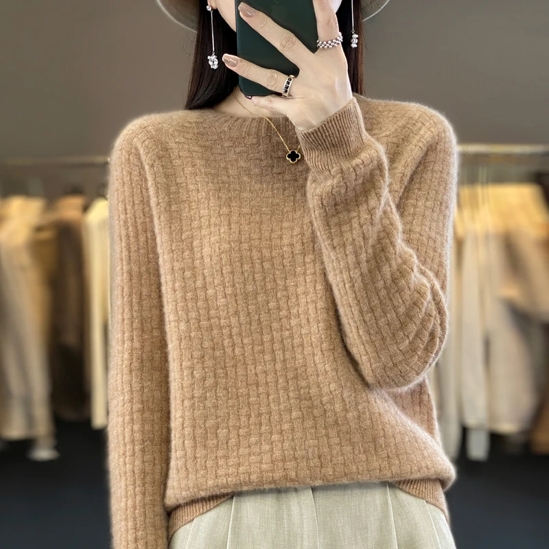 Women's 100% Merino Wool Soft Sweater O-neck Seamless Waffle Pullover Autumn Winter Female Loose Casual Knit Cashmere Basis Top