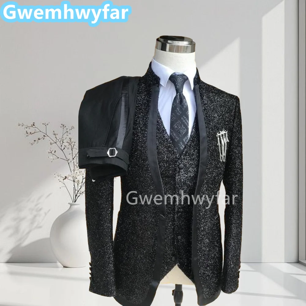 Gwenhwyfar Fashion Satin Double Lapel Costume Homme Wedding Slim Fit Men Suits Tuxedo Groom Prom Blazer Jacket+Pants