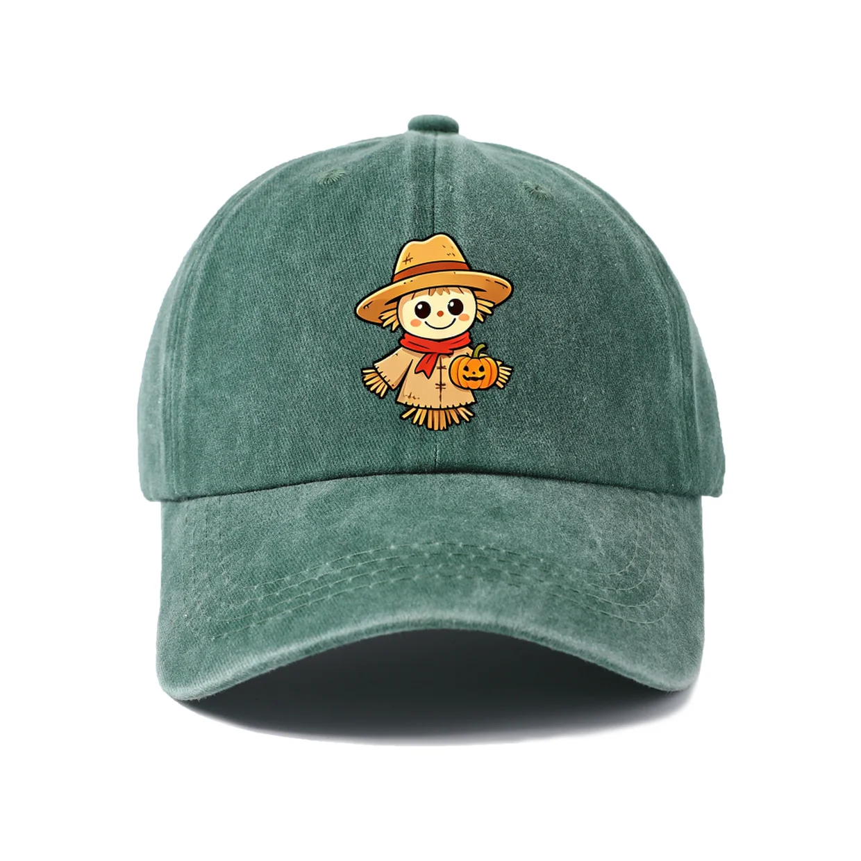 Vintage Washed Cute Scarecrow and Pumpkin Graphic Baseball Cap, Adjustable Unisex Dad Hat, Fall Harvest Halloween Gift