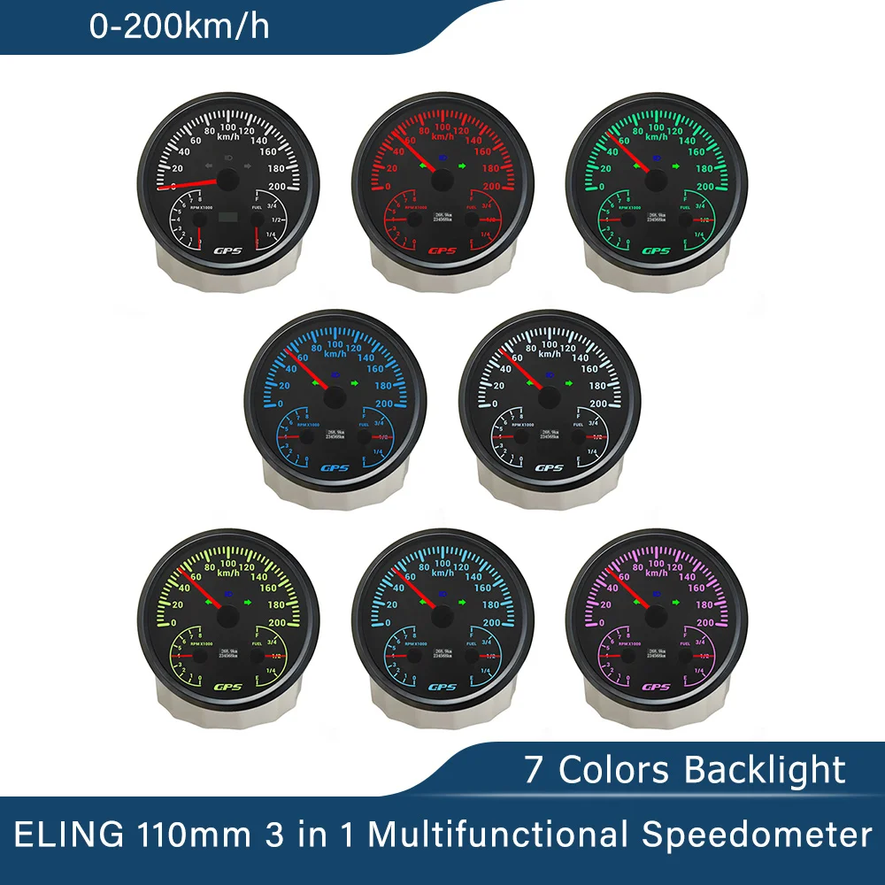 

ELING 110mm 3in1 Multifunction GPS Speedometer with 0-8000RPM Tachometer Fuel Level 7 Colors Backlight for Car Marine Boat Auto