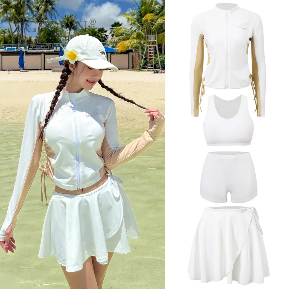 2026 New Plus Size 4PCS Women's Swimming Suit Ladies Patchwork Short Sleeve Swimwear Sports Pool Beachwear Two Piece Swimsuit