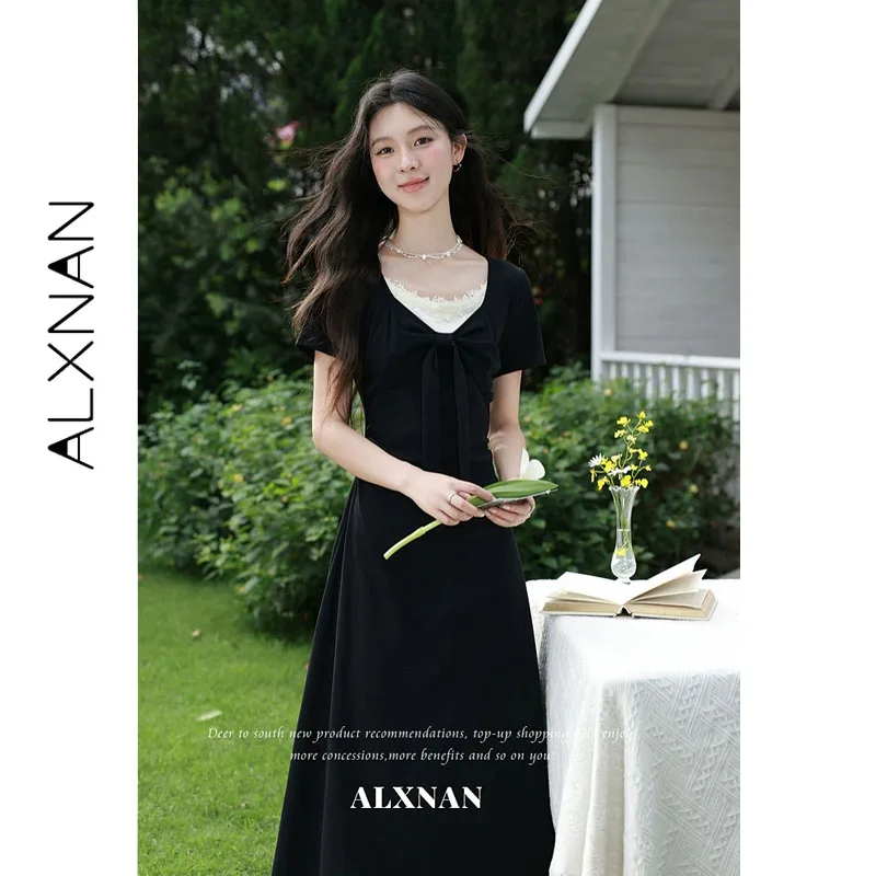 

ALXNAN Black Maxi Dress Lace Embroidery Spliced Mock Two-piece with Bow Ruched Details Dresses New Summer Female Clothing L66118