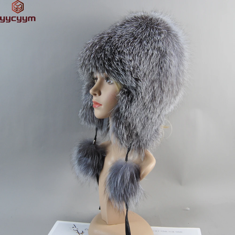 Luxury Women Natural Fox Fur Hat Real Fur Beanies Cap Knitted Hats Russian Brand Fashion Winter Warm Lady Cap Silver Fox Fur Hat