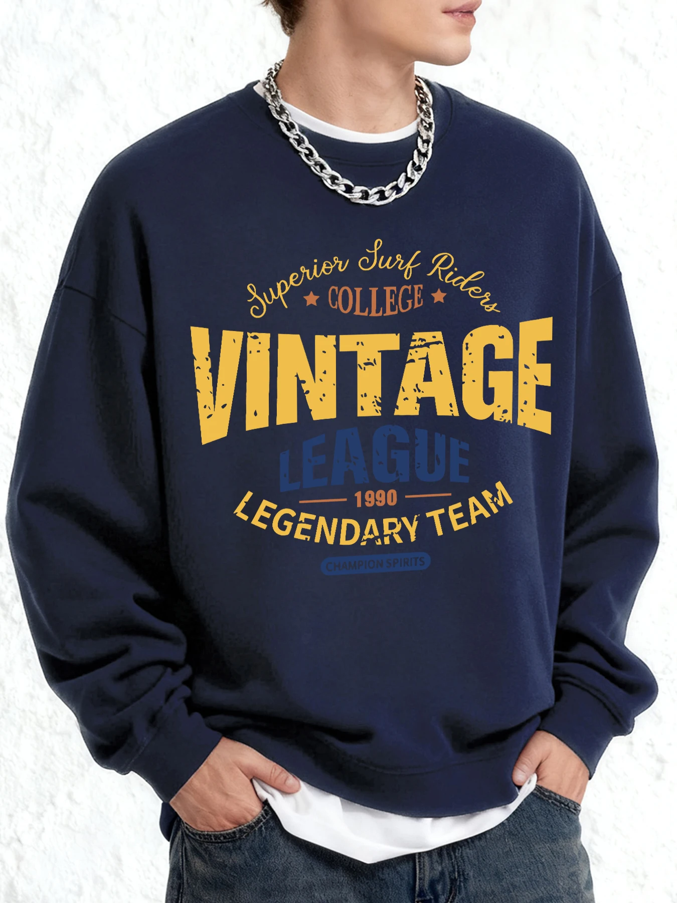 

Винтажные мужские пуловеры с принтом Лиги для колледжа, мягкая повседневная одежда, осенняя удобная одежда оверсайз в стиле ретро с длинными рукавами и круглым вырезом