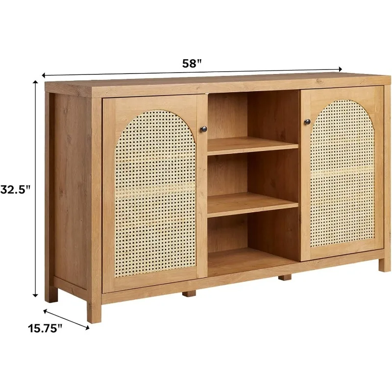 Credenza a 4 ante da 58" con pannelli in rattan ad arco - Rovere inglese