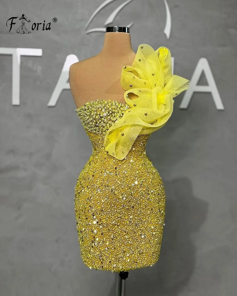 Pretty Yellow Beaded Cocktail Dress 3D Flower Design Sequins Short Prom Dresses Graduation Party Homecoming Custom Made Sexy