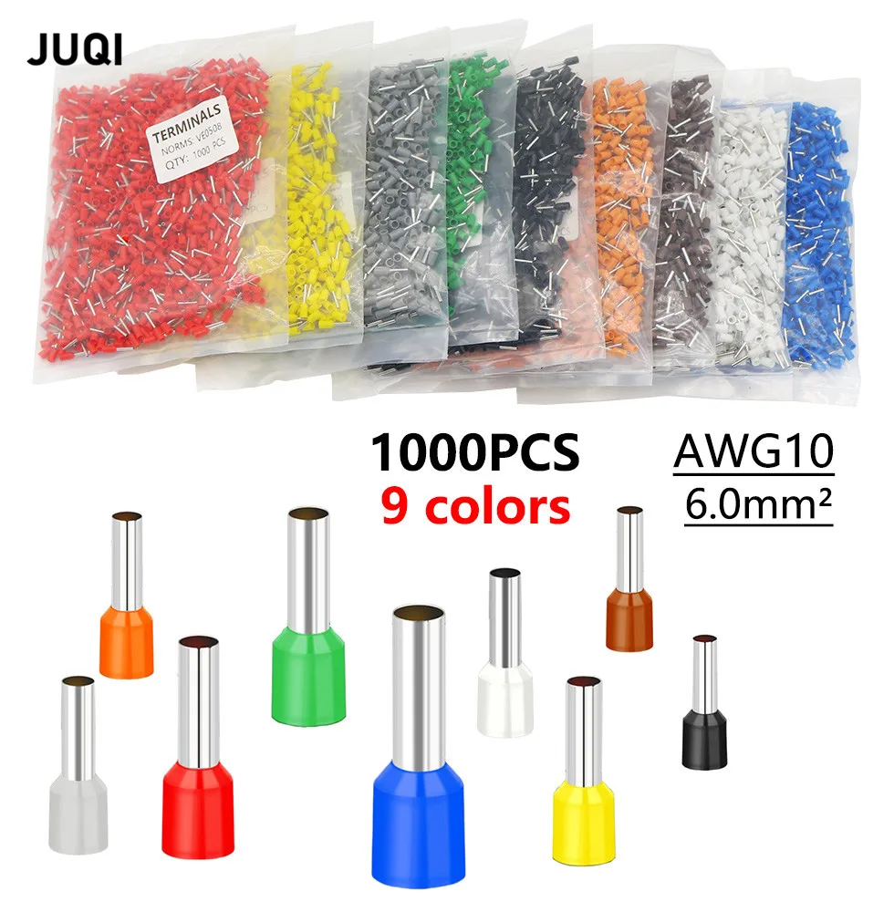 1000pcs E6012 E6018 Insulated Ferrules Terminal Block Cord End Wire  6.0mm² Connector Electrical Crimp Terminator 10AWG