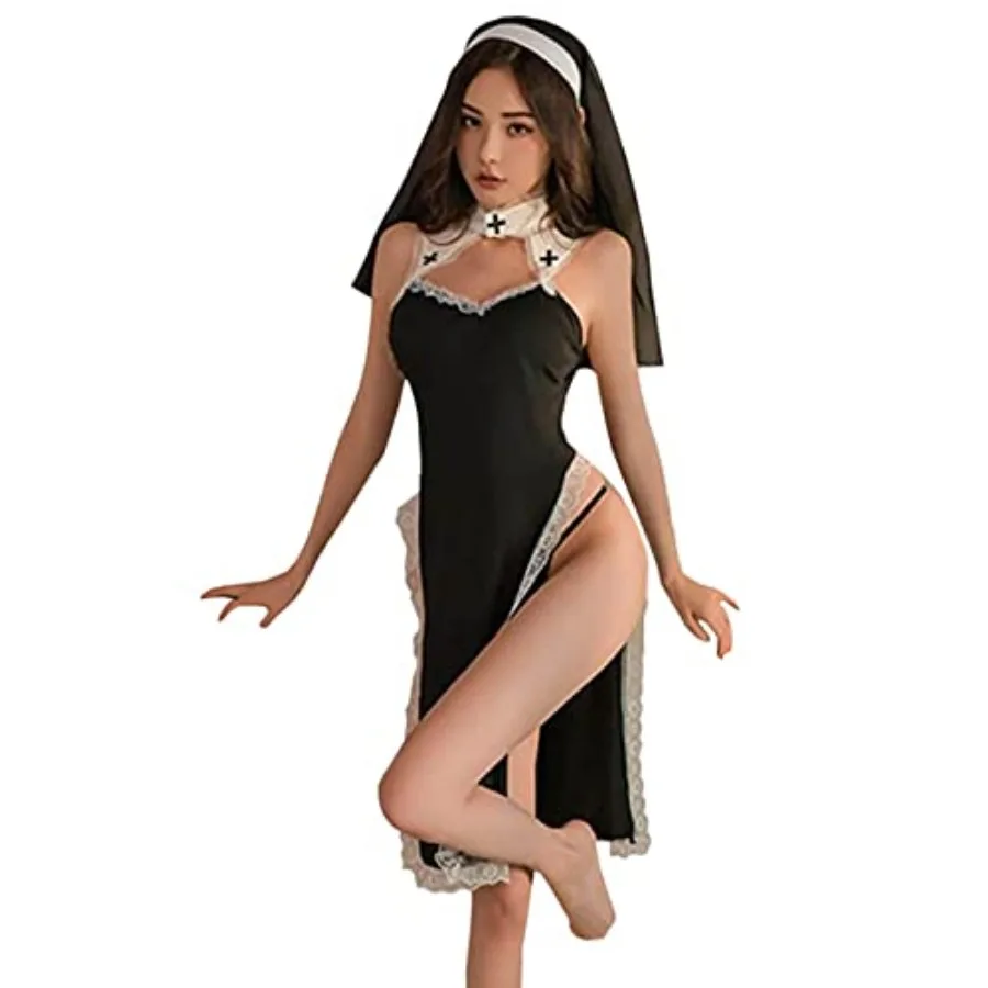 

Unibaby Nun Cosplay Costume for Women Sexy Nun Lingerie Fancy Dress Halloween Party Adult Costume with Nun Hat Nun lace dress