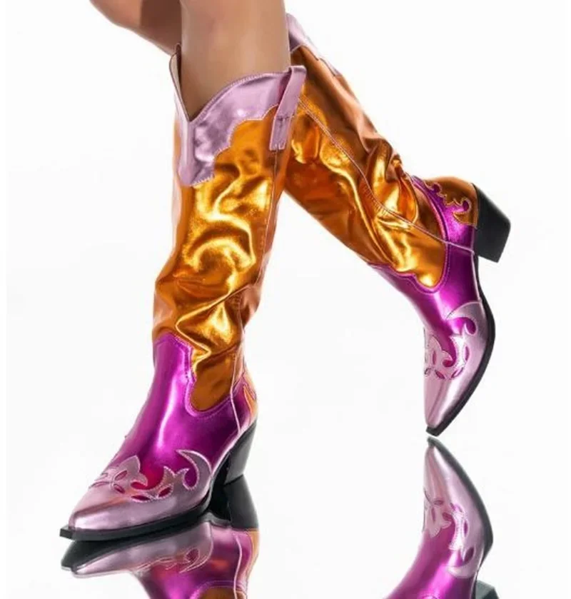 Multi Glam Metallic Cowboy Boot Orange Purple Leather Chunky Western Boot Pointed Toe Slip On Block Heels Winter Long Boots