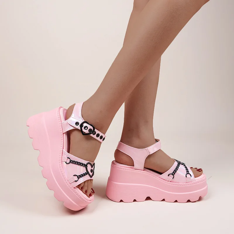 Brand New 2022 Summer Platform Sandals for Women Sweet Gothic Punk Heart Chain Buckle Comfy Wedge Sandals Woman Shoes