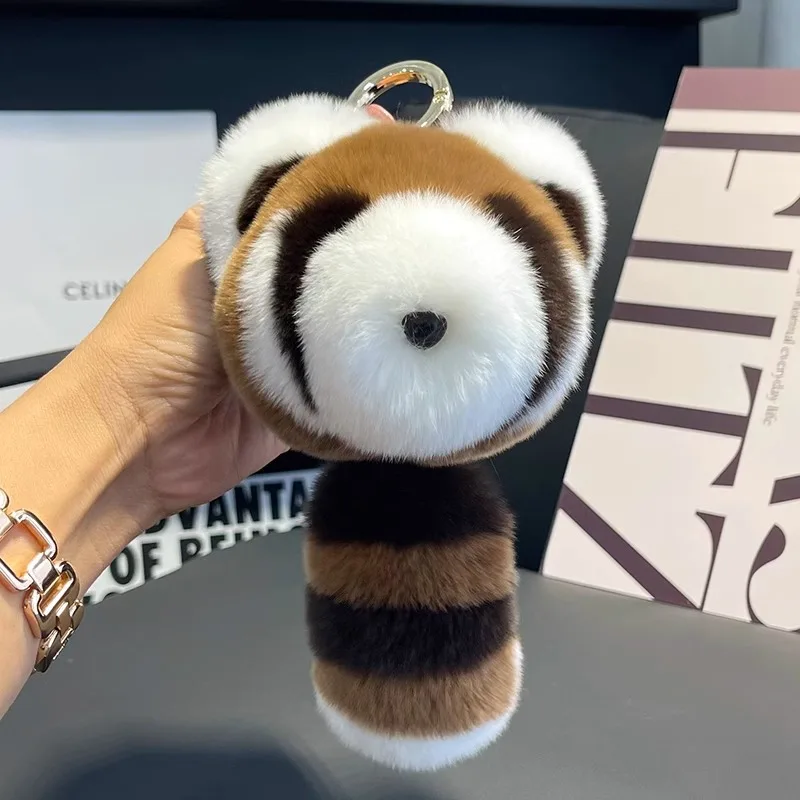 Faux Fur Raccoon Keychain Plush Animal Bag Charm Fluffy Panda‑Like Pendant Car Key Ornament Accessory For Women