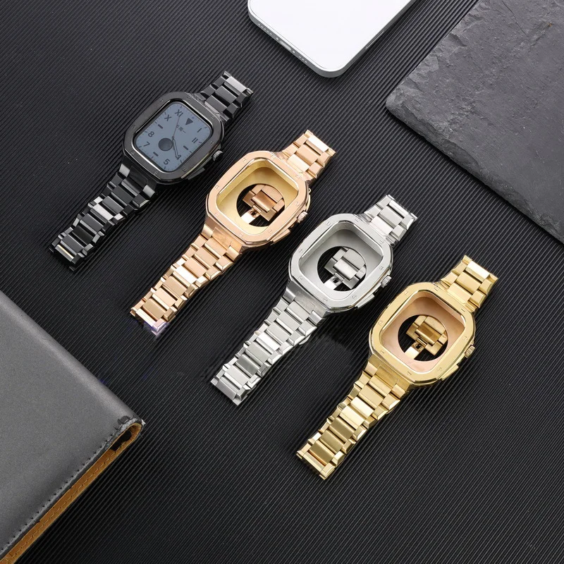 Mod Stainless Steel Case And Bezel Nail Three Armor Straps For Apple Watch Ultra 44mm 45mm Full Metal Watch Band Stylish Wrist