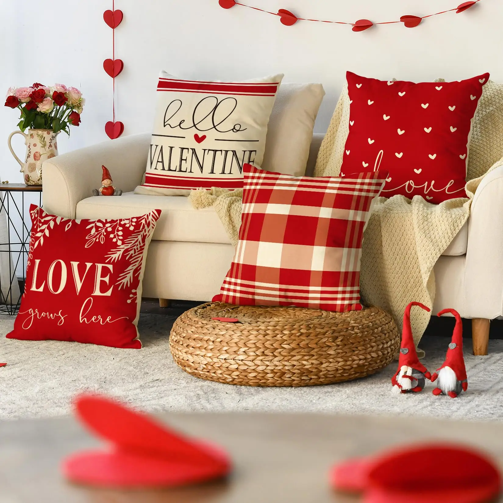 Red and White Love Throw Pillow Covers,Plaid Wedding Cushion Case, Decor for Sofa Couch, Red and White, Set of 4, 18x18 Inch