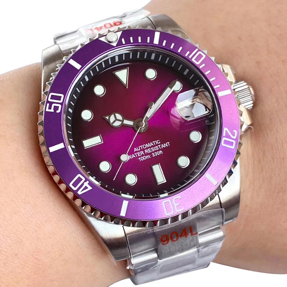 Jam Tangan Pria Tandorio Misty Purple/Red Sterile 40mm NH35A Automatic Movement Kaca Safir Diver 100m Tahan Air Mekanik