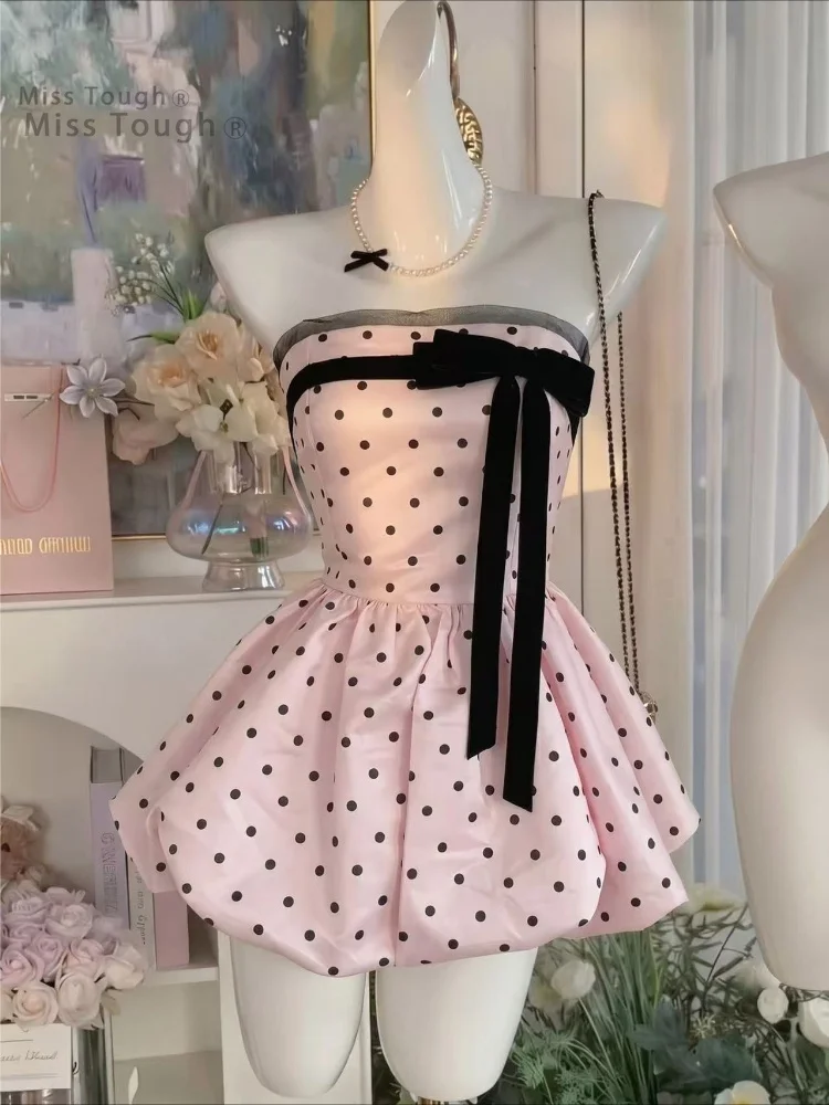 Summer French Luxury Elegant Chic Princess Polka Dot Bow Silk Rose Strapless Corset Bubble Mini Dress Birthday Dresses for Woman