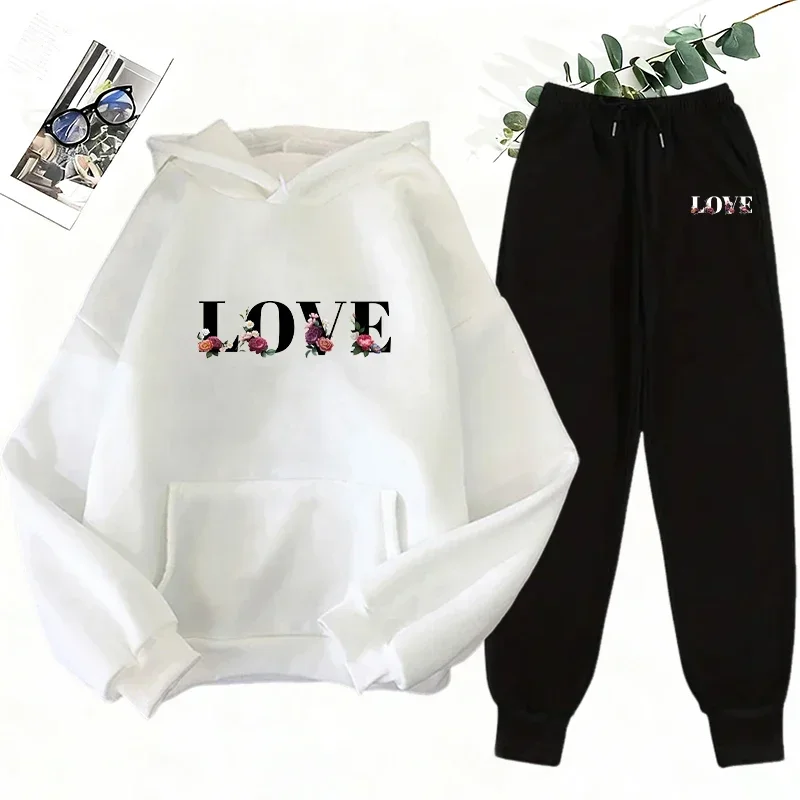 2026 Hot Sale Women's Hoodie Tracksuit 2pcs Set Urban Casual Fashion Sportswear Love Letter Flower Print Sweatshirt Sweatpants