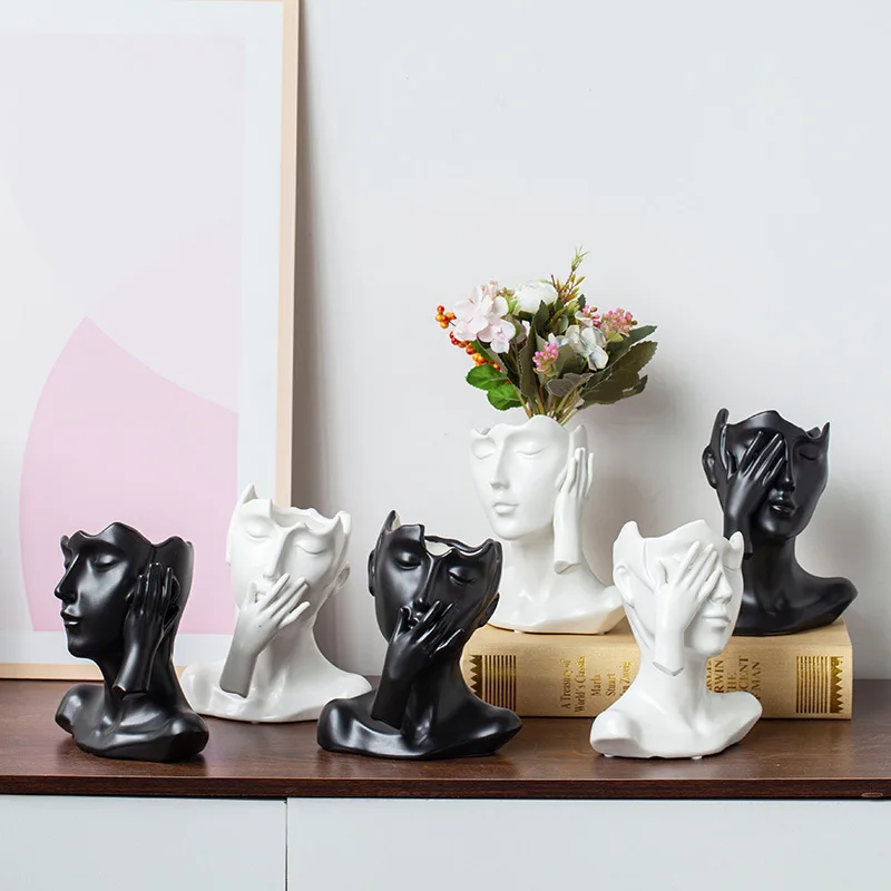Abstract Half Body Face Ceramic Flower Vase Modern Sculpture Floral Container Household Tabletop Decor For Cross Border