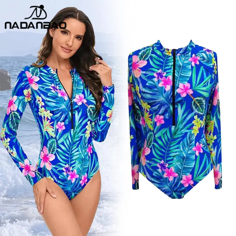 Nadanbao Summer Sexy One Piece Suits Women Long Sleeve Zippper Surfing Beachwear Female Blue Fashion Party Swimsuit