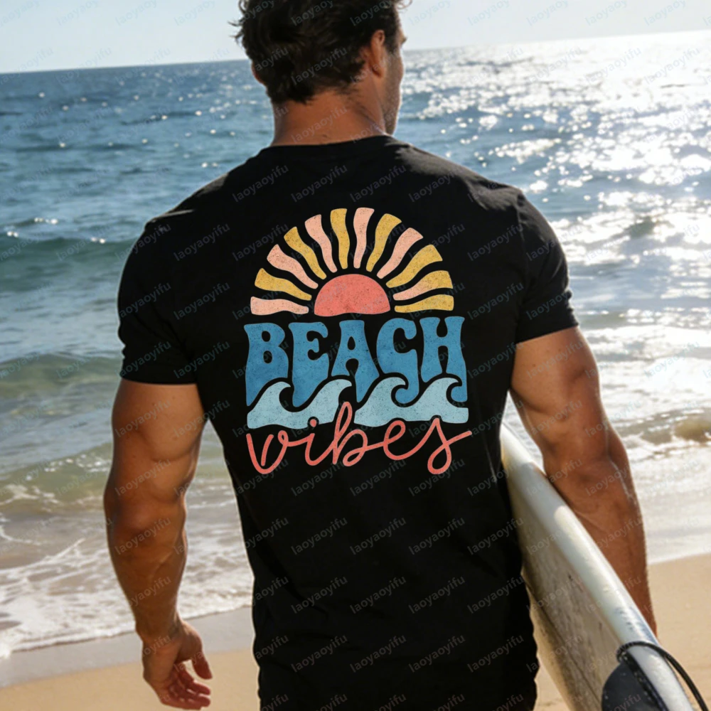 Beach Vibes T-Shirt Women Retro Sun Wave Graphic Tees Casual Short Sleeve Cotton Tops Summer Vacation Surfing Casual Shirts