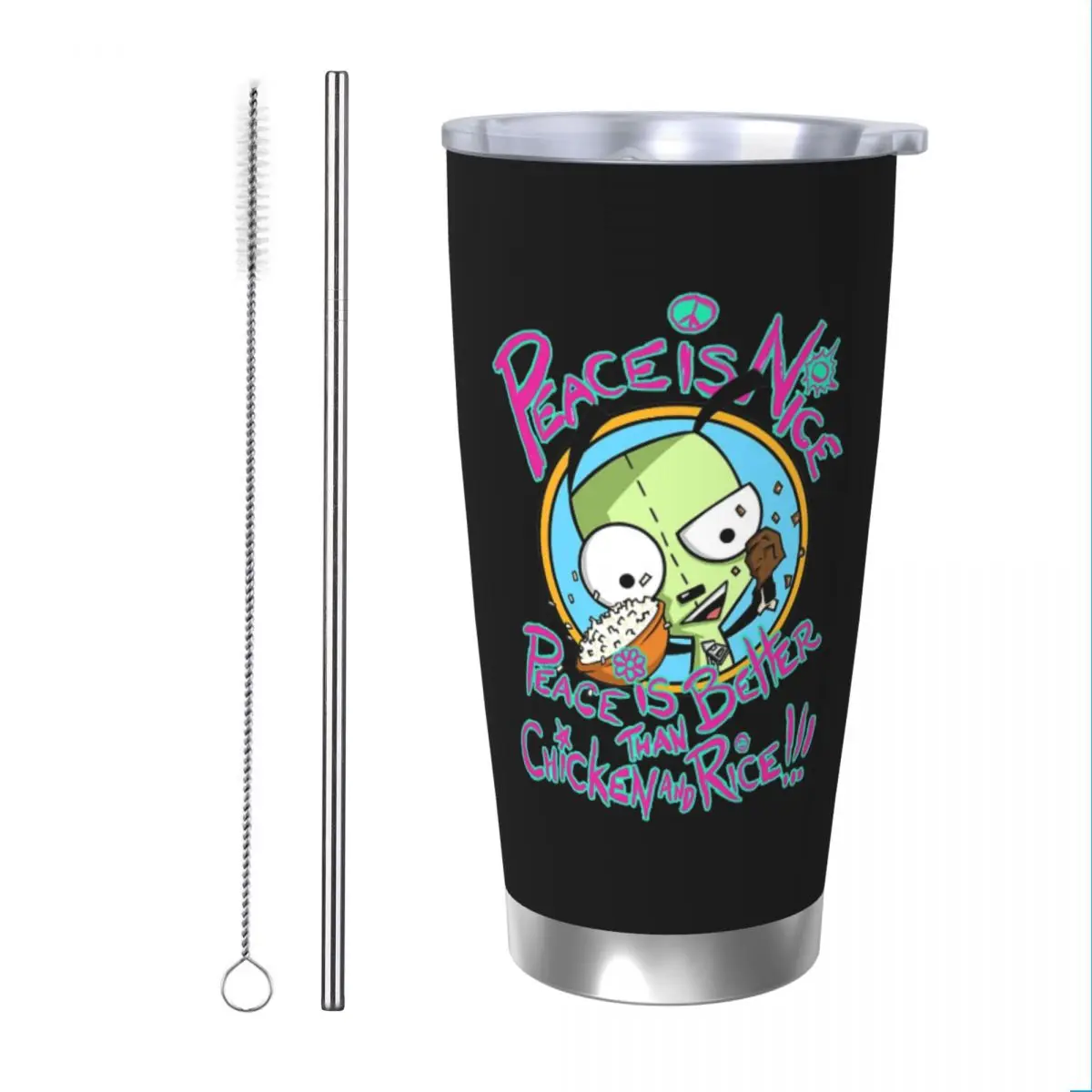 Invader Zim Insulated Tumbler with Straws Peace is Nice Stainless Steel Thermal Mug Double Wall Hot Cold Drinks Cups, 20oz