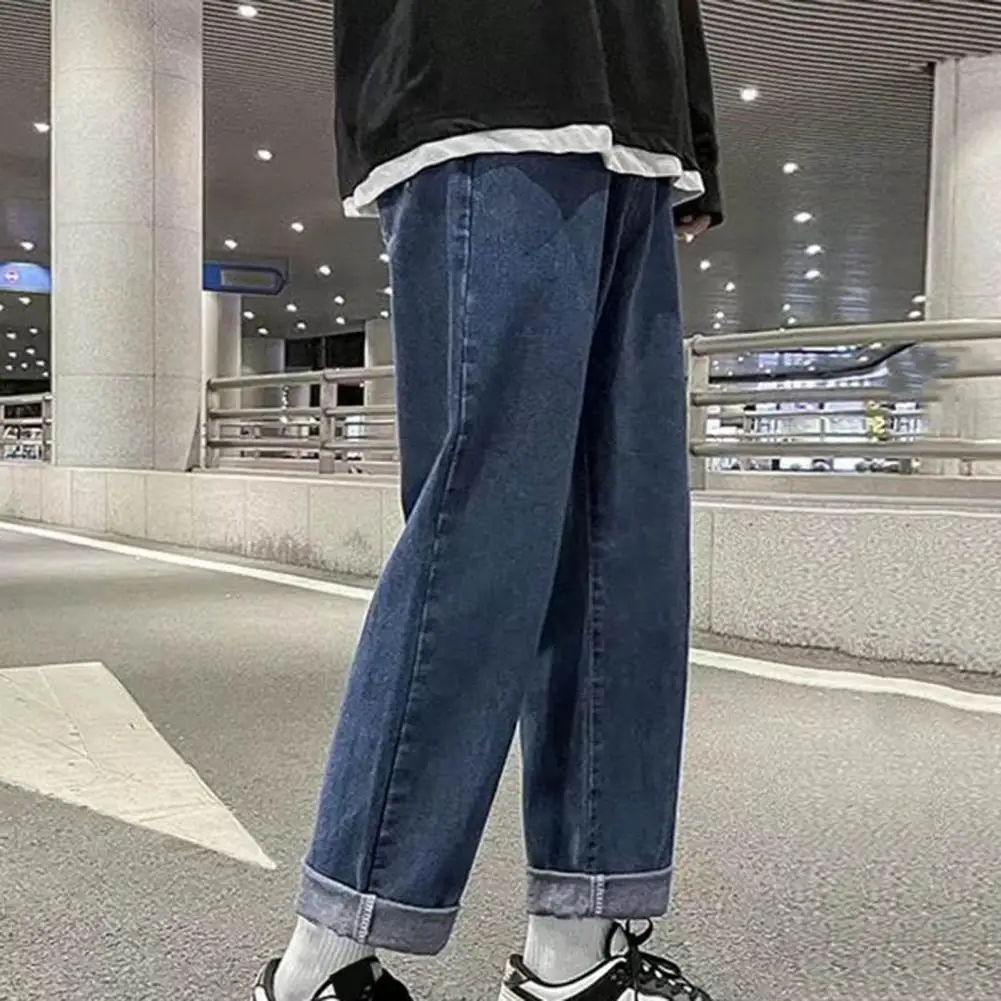 Men Jeans Wide Leg Straight Loose Full Length Denim Trousers Button Zipper Closure Retro Streetwear Men Long Pants