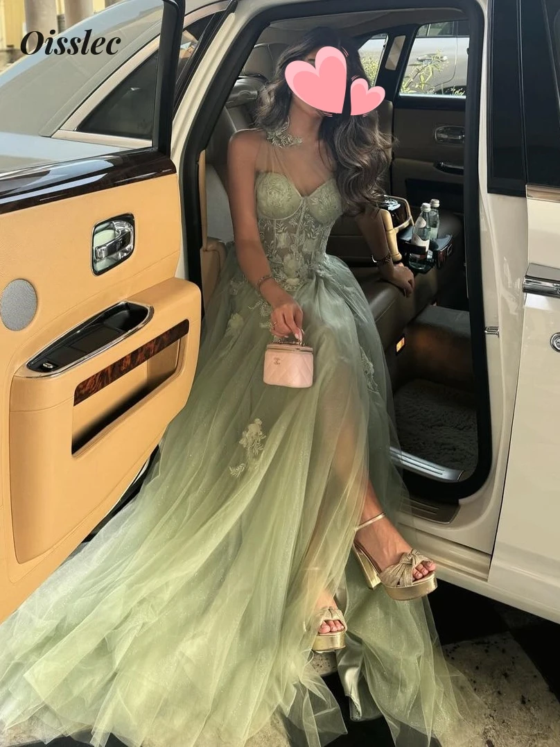 

Oisslec Dress Elegant Vintage Sweet Sexy Green Lace Applique A-Line Customize Formal Occasion Prom Dress Evening Party Gowns