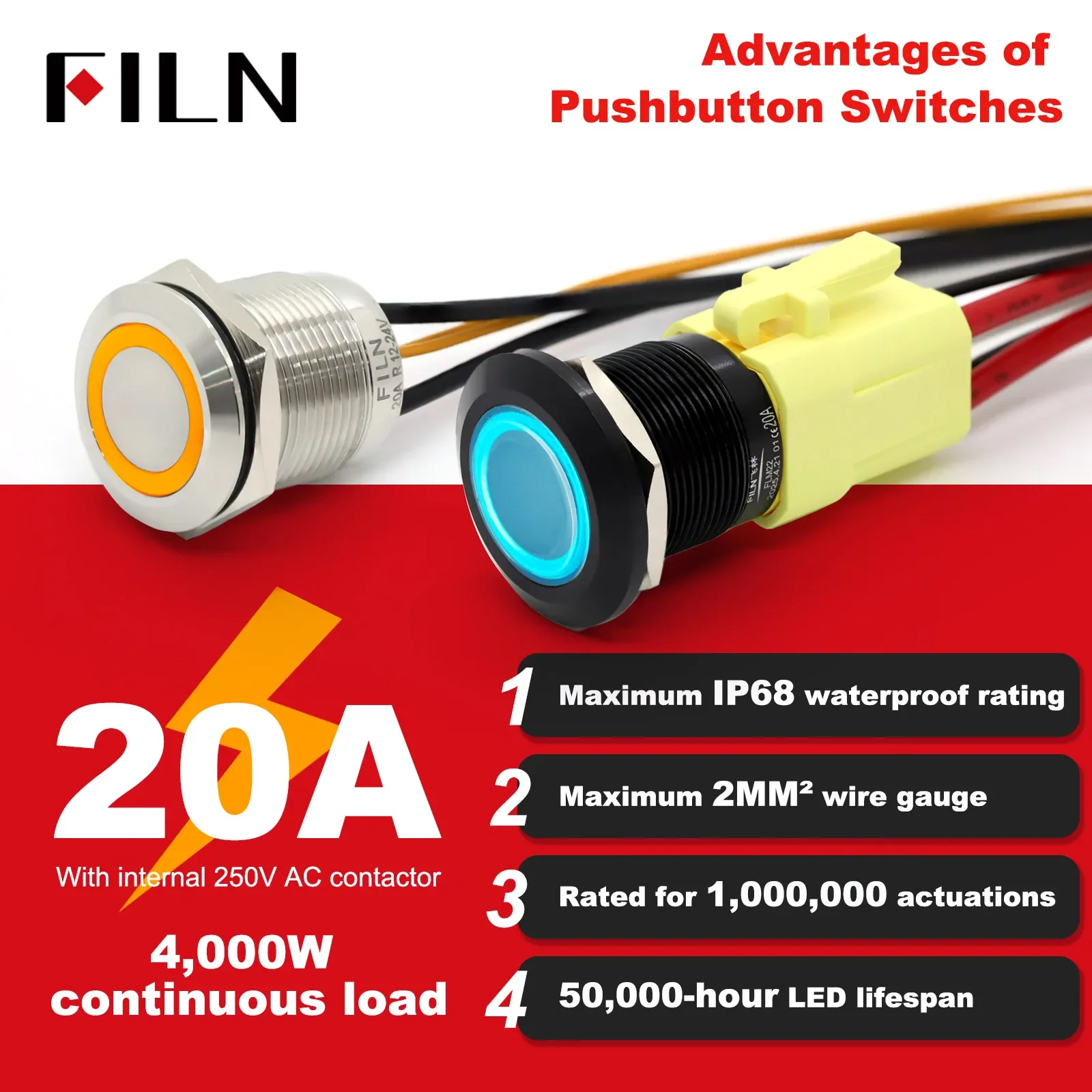 FILN 19mm 22mm 20A IP68 Waterproof High Current Push Button Switch 12V 24V 110V 220V Stainless Steel  with 20cm Wire