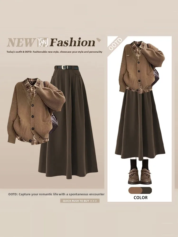 

Winter New Plaid Knitted Sweater High Waist Skirt Set Women's Faion Ensemble Autumn Winter Collection V Ne Long Sve
