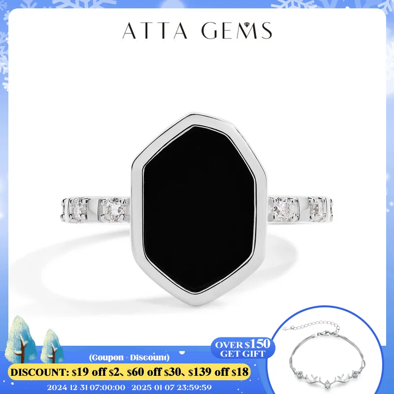 ATTAGEMS Hexagon Black Onyx Rings for Women Men Moissanite Side Edge S925 Silver 18K White Gold Plated Party Daily Jewelry Gifts