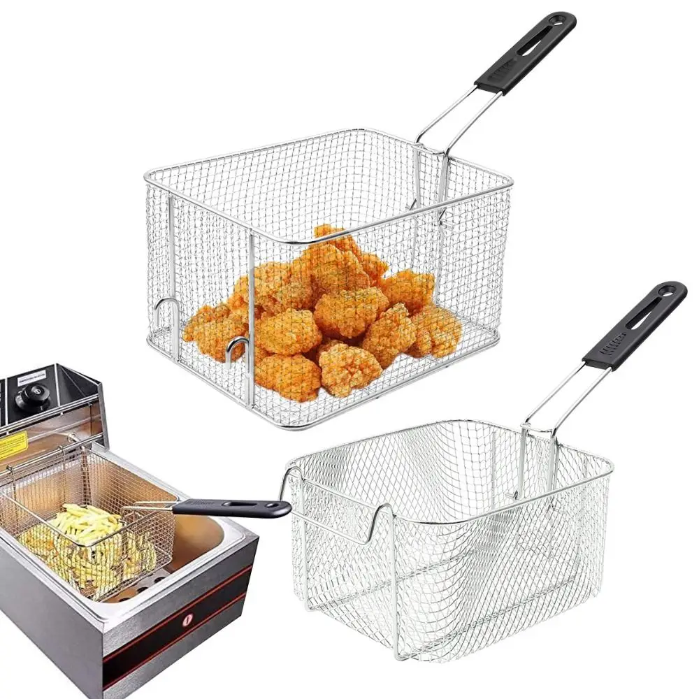 Cesta de malla para freír de acero inoxidable duradera, filtro cuadrado de gran capacidad, marco colgante para patatas fritas para freír pollo y patatas fritas