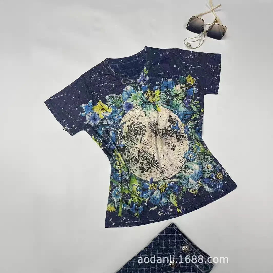 2025 Fashion Printed T Shirts Women Vintage Clothes Classic Style Casual Flower Pattern O Neck Short Sleeve Tops Tee Shirt Femme