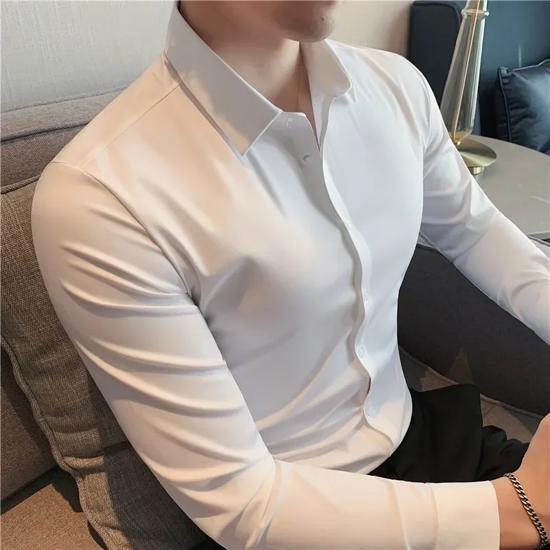 X- Stretch Men\'s Long-sleeved Shirt Formal Social Non-iron Solid Color Casual, Seamless Anti-wrinkle Business Silky High Elastic