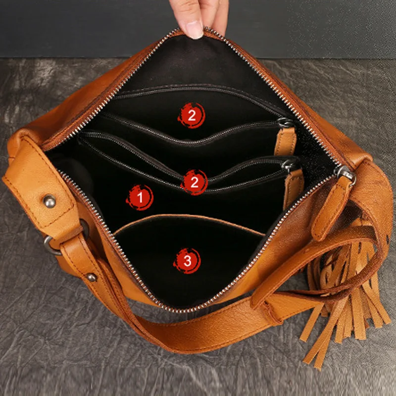 فريدة من نوعها شرابة لهجة يدويا المتعثرة جلد طبيعي المتشرد محفظة المرأة خمر حقائب كتف جلد البقر #2