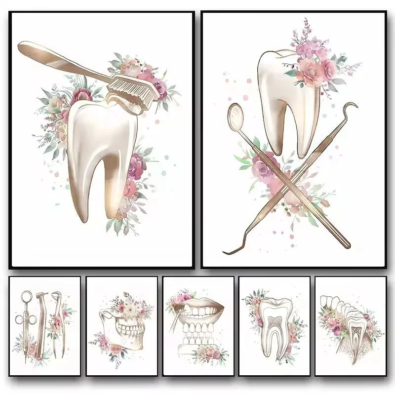 

Teeth Anatomy Art Floral Painting Watercolor Dentistry Posters Picture on the Wall Decorations Modern Living Room Paintings