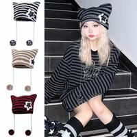 Hip-hop Y2K Beanie Hat Ins Devil Ear Striped Knitted Wool Cap Hip-hop Crochet Cute Cat Ears Pointed Pullover Women's Hats