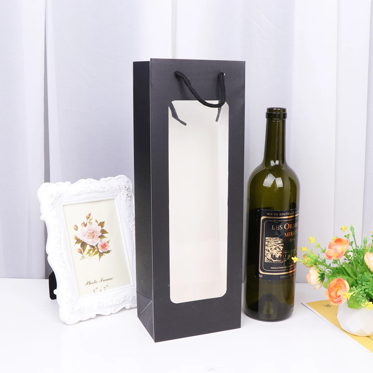 

12 Pcs Wine Bag Packaging Single Carrier Bags Paper Gift Kraft with Window Flowers