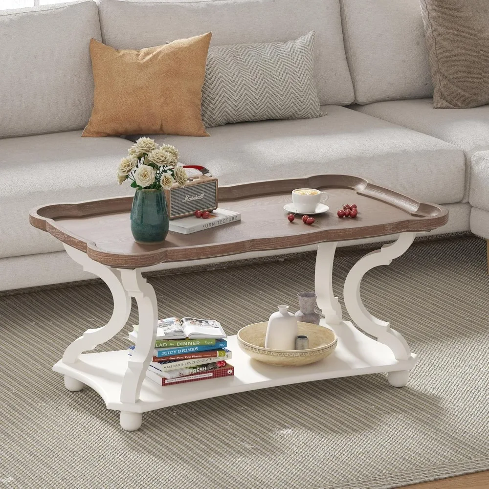 Mesa de centro de fazenda, mesa de coquetel branca rústica com prateleira de armazenamento, mesa de sofá com bandeja natural e pernas esculpidas
