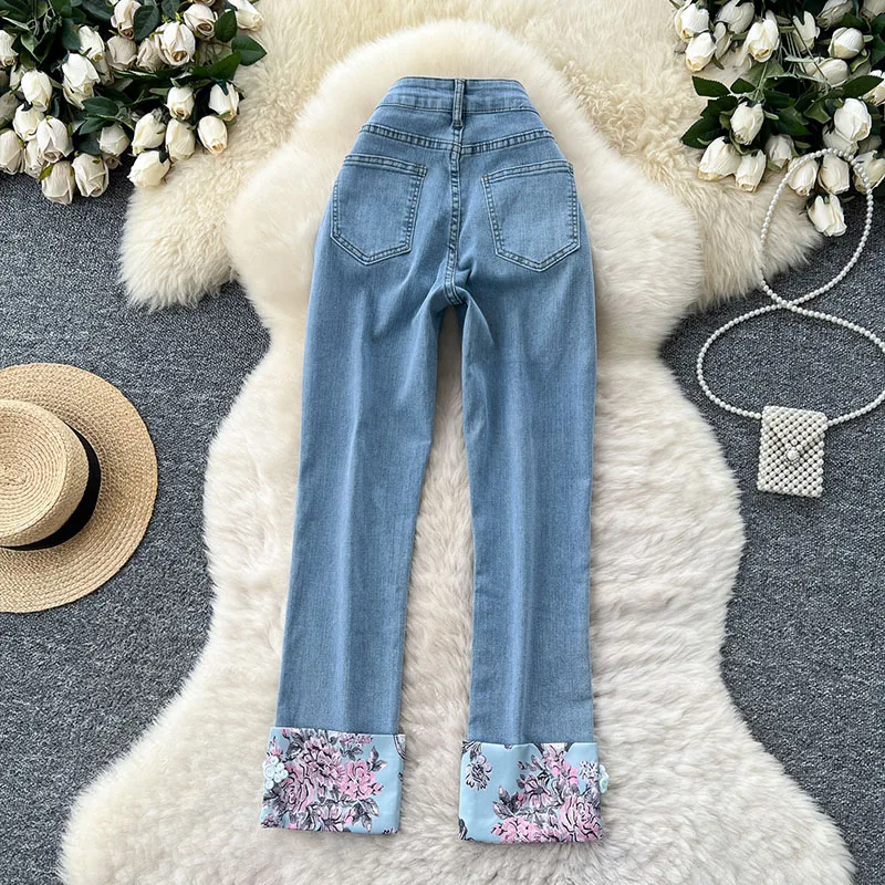 Streetwear Vintage Denim Pants Female High Waist Zipper Jacquard Splice Chic Design 2025 Classic Versatile Slim Jeans