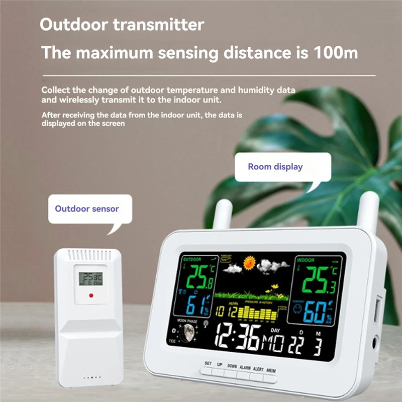 BNVN-Color Screen Digital Weather Station Sunrise And Sunset Thermometer Hygrometer With Wireless Outdoor Sensor EU Plug