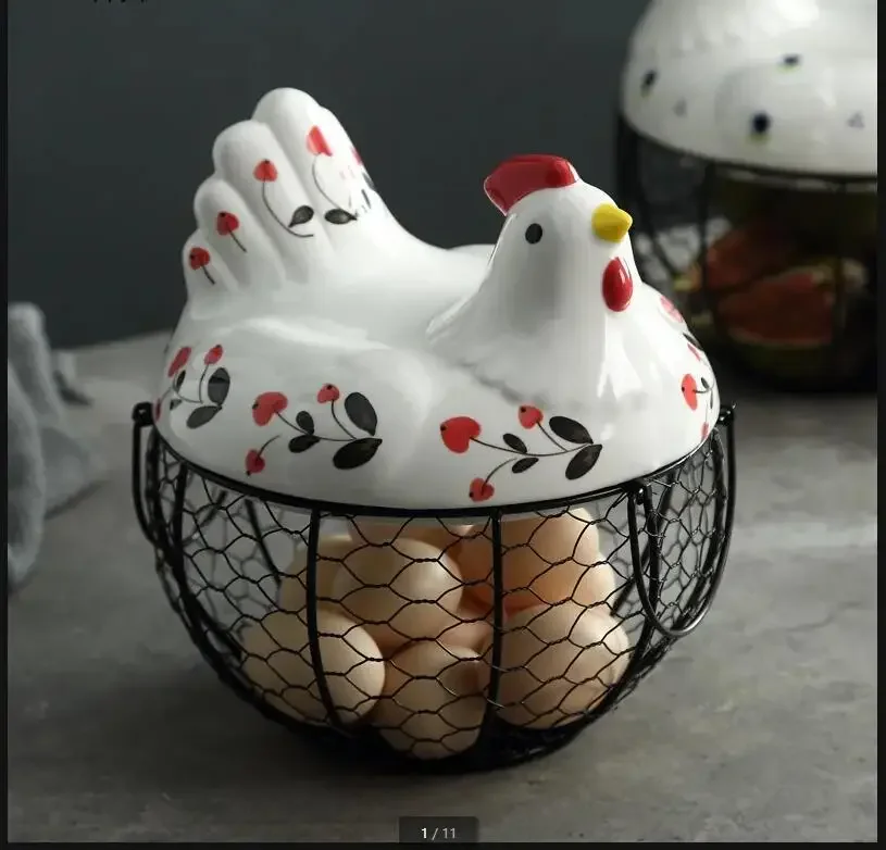 

Ceramic Hen Cover Wrought Iron Storage Basket Household Portable Egg Fruit Basket Blue Flower Safflower Kitchen Storage Supplies