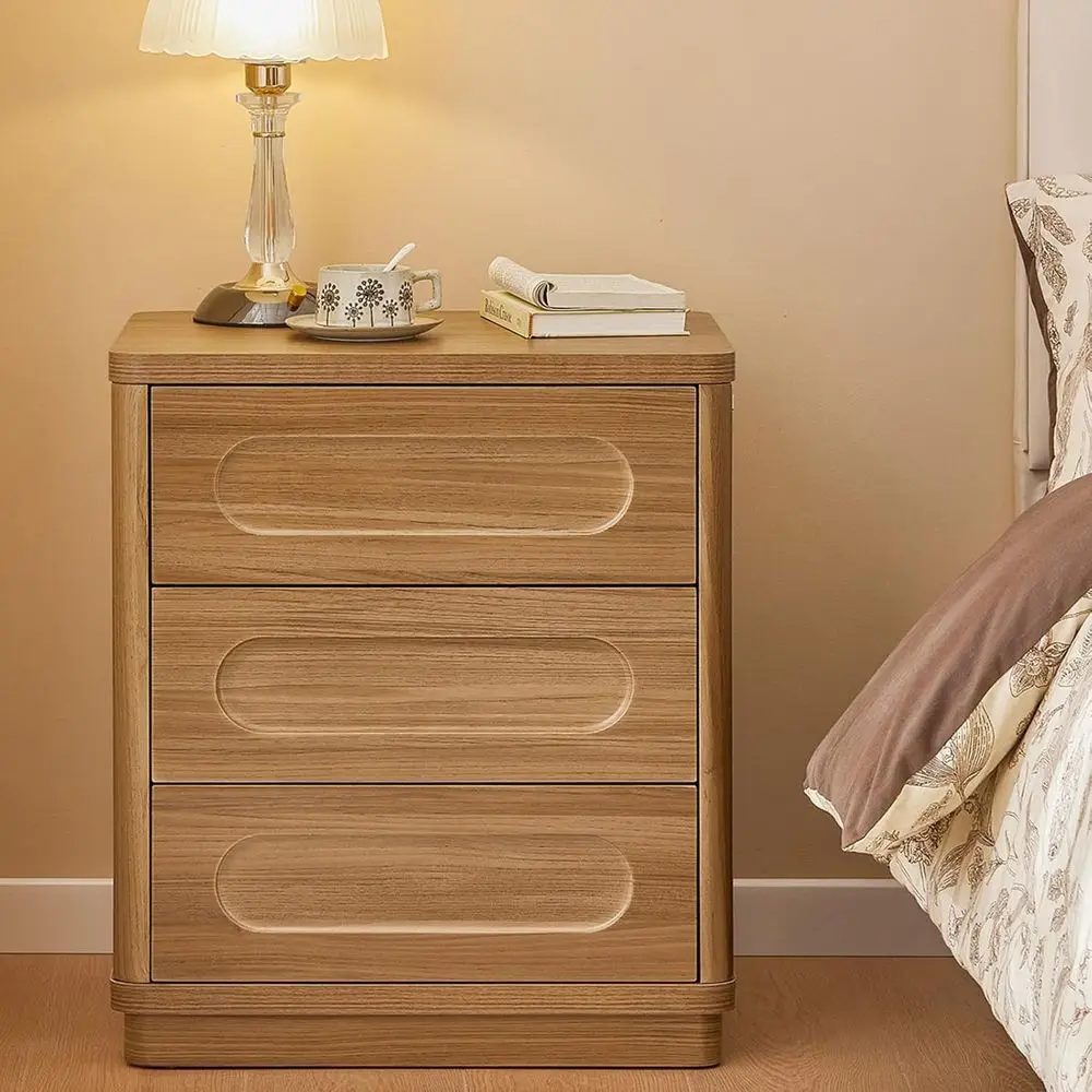 

Rustic Wooden 3-Drawer Nightstand, 26.2H x 21.7W, Brown, with Rounded Corners for Bedroom Storage