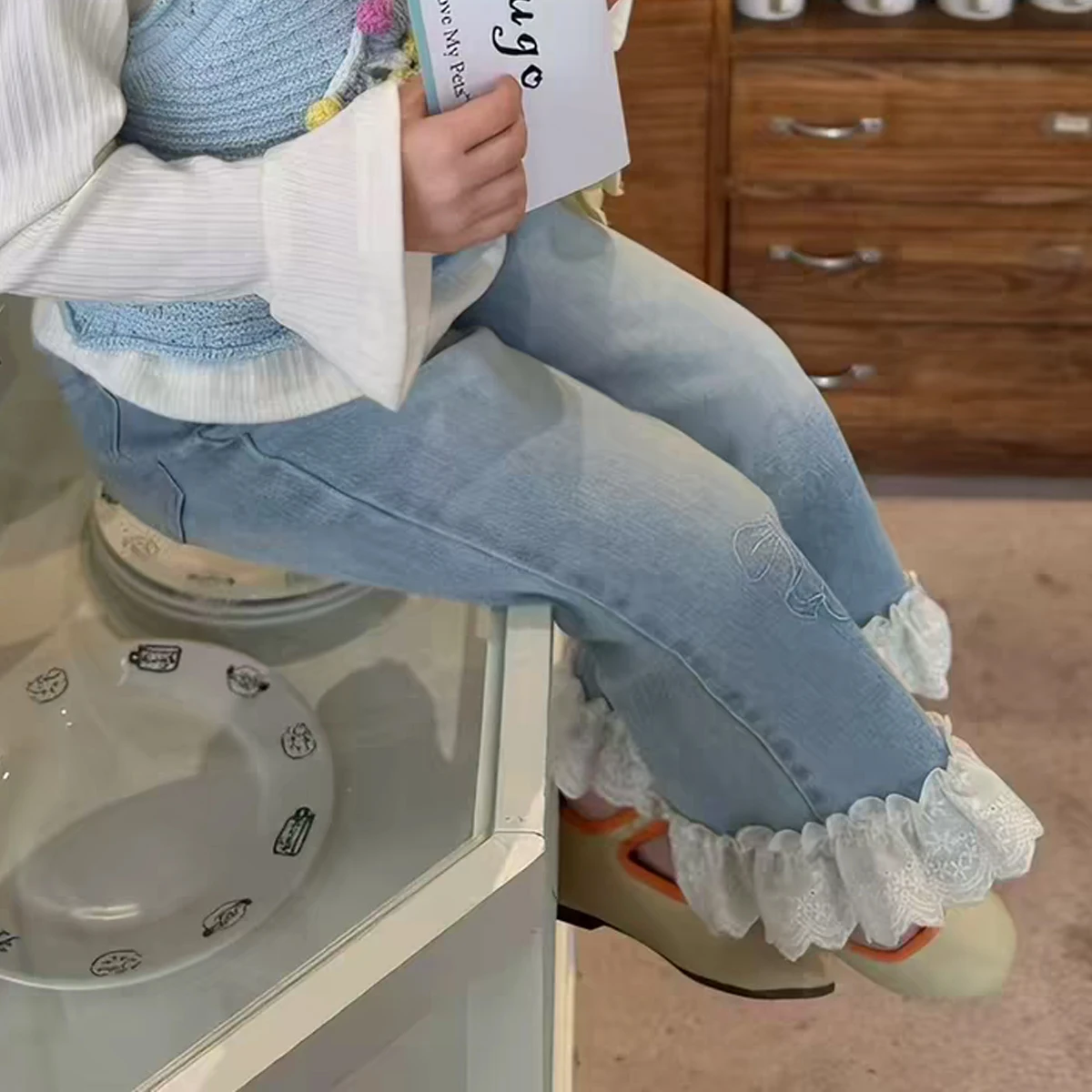 IENENS Girls Jeans Washed Soft Flared Pants Sweet Lace Decoration Denim Trousers Children's Casual Bell-bottoms