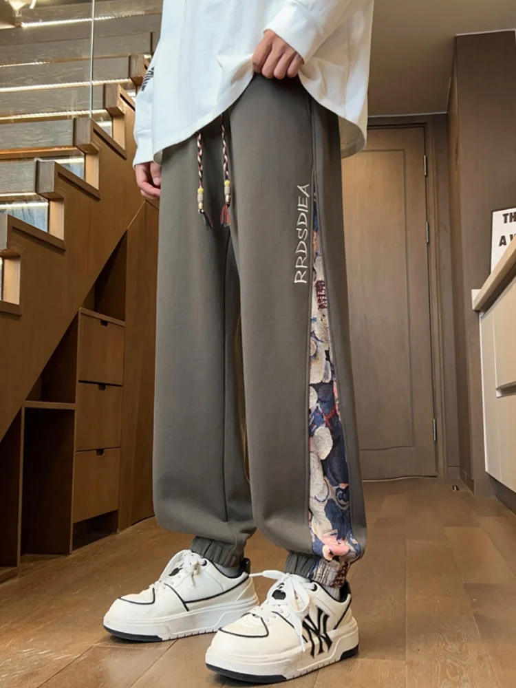 

Bear Embroidery Patchwork Men's Casual Pants Spring American Sle Heavyweight Sweatpants Cuffed Sports Pants Loose Fit