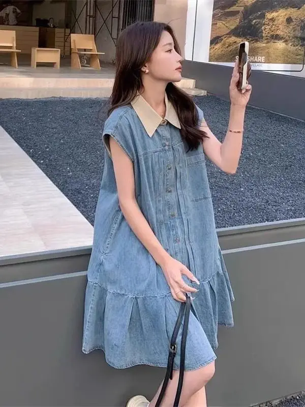 

plus Size Women's Vintage Neck Sleeveless Denim Dress Casual Slimming A-Line Midi Dress Comfortable Breathable Summer Dress